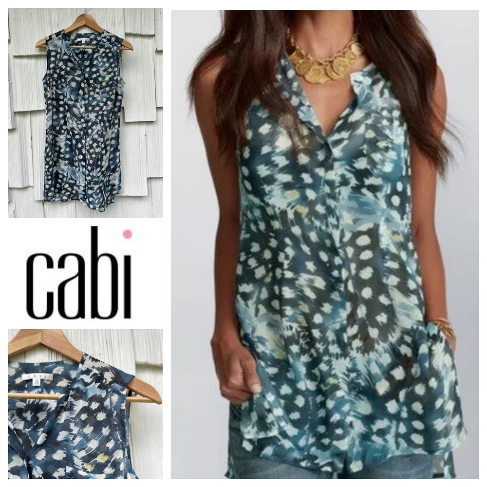 Cabi Avery Tunic Top Button Down Sleeveless Sheer Blouse Side Slits Size XS
